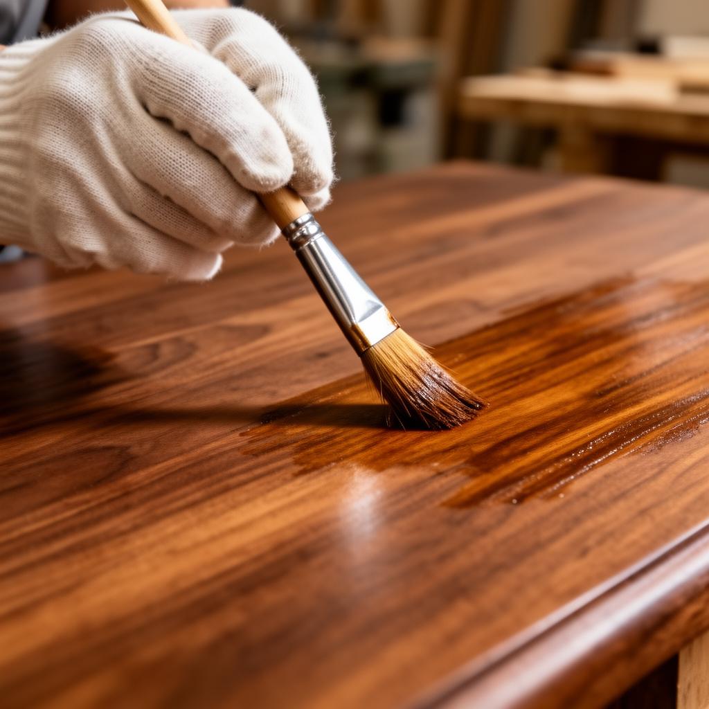 Craftsman applying premium wood stain by hand